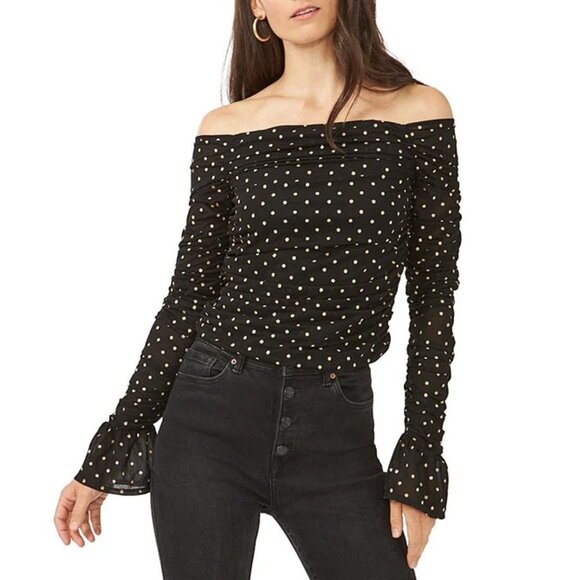 NWT 1. STATE Ruffle Cuff Off Shoulder Ruched Sleeve Top Black & Gold Polka Dot - Picture 1 of 3